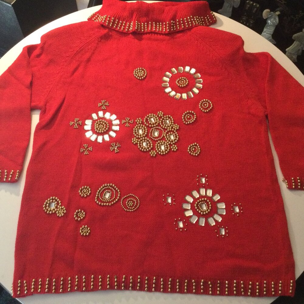 Victoria Harbour Red Floral Ladies Bedazzled sweater Vintage size: L